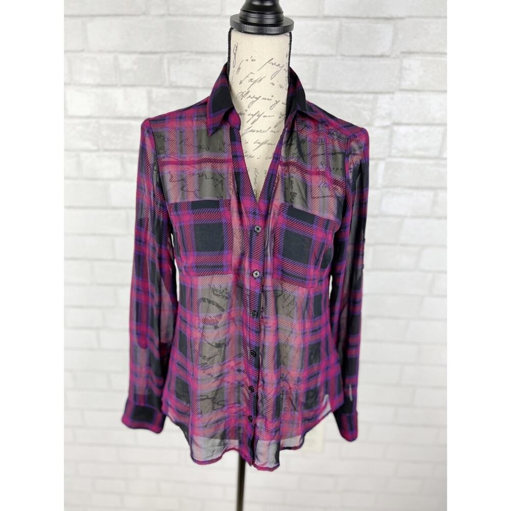 Express Sheer Purple Plaid Portofino Blouse Size‎ XS